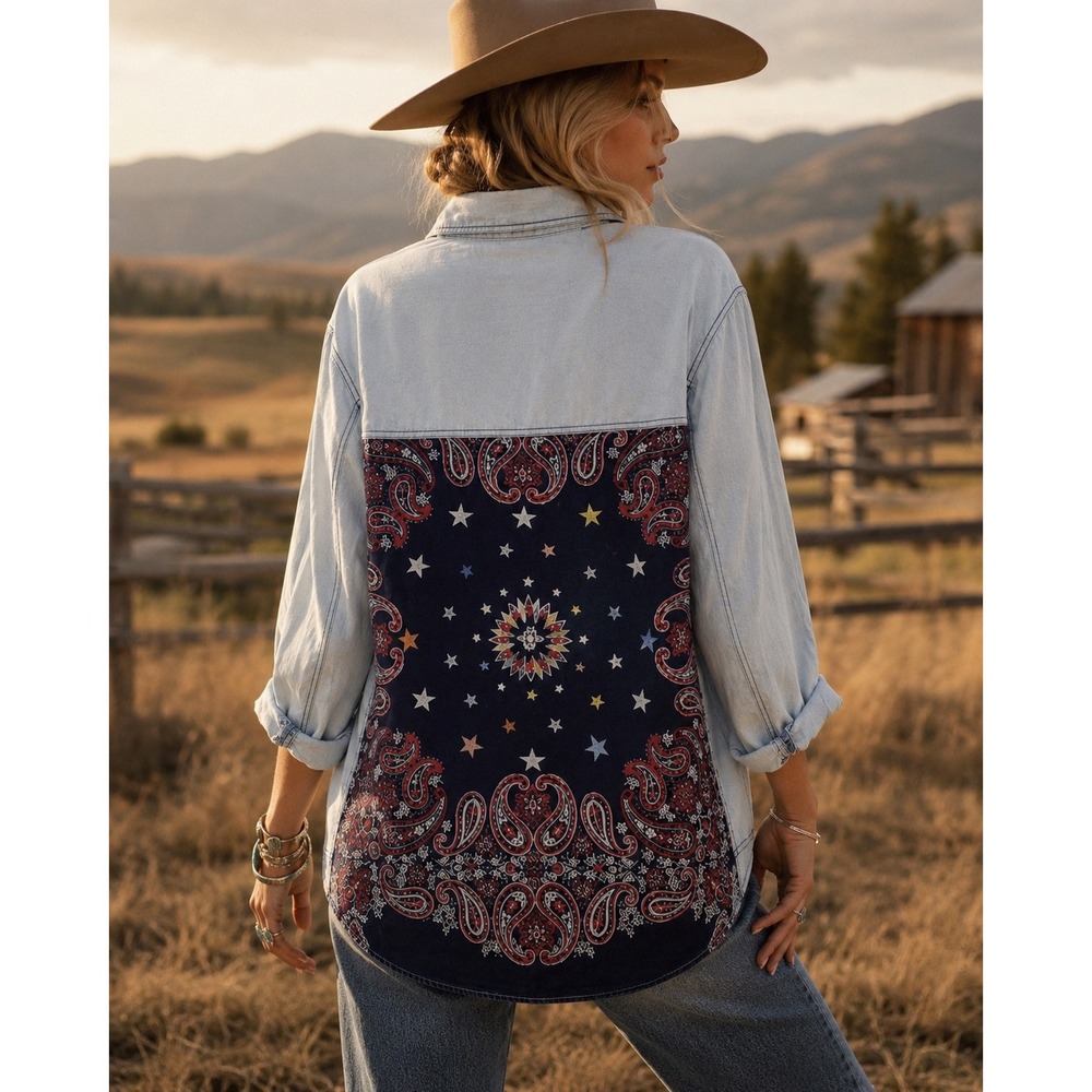 Free People Western Denim Button Up Bandana Back Stars Boho Small